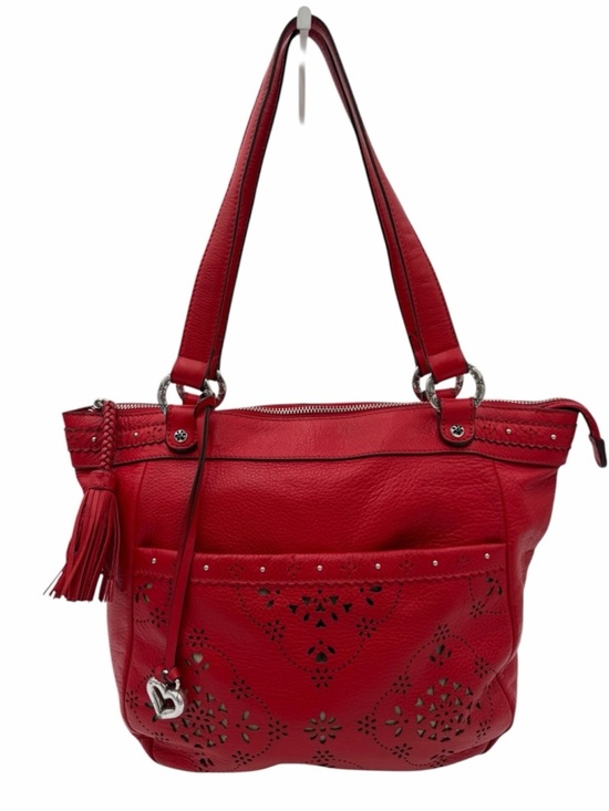 Brighton Handbags - Brighton Red Leather Cutwork Tote Shoulder Bag Heart Charm Tassel Studded